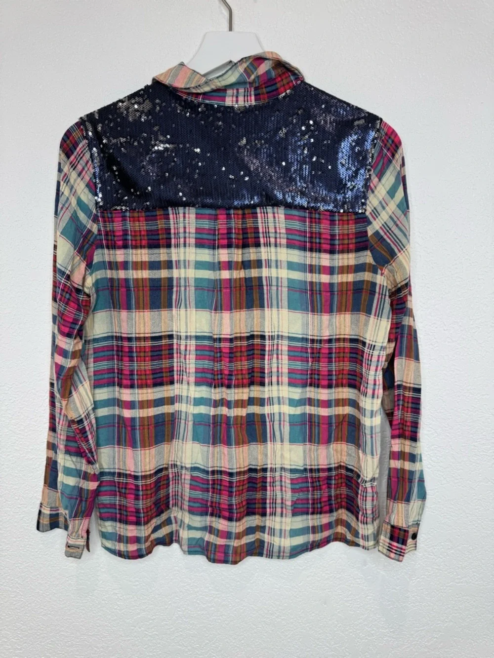 Entro Plaid Button Down Sequin Top
